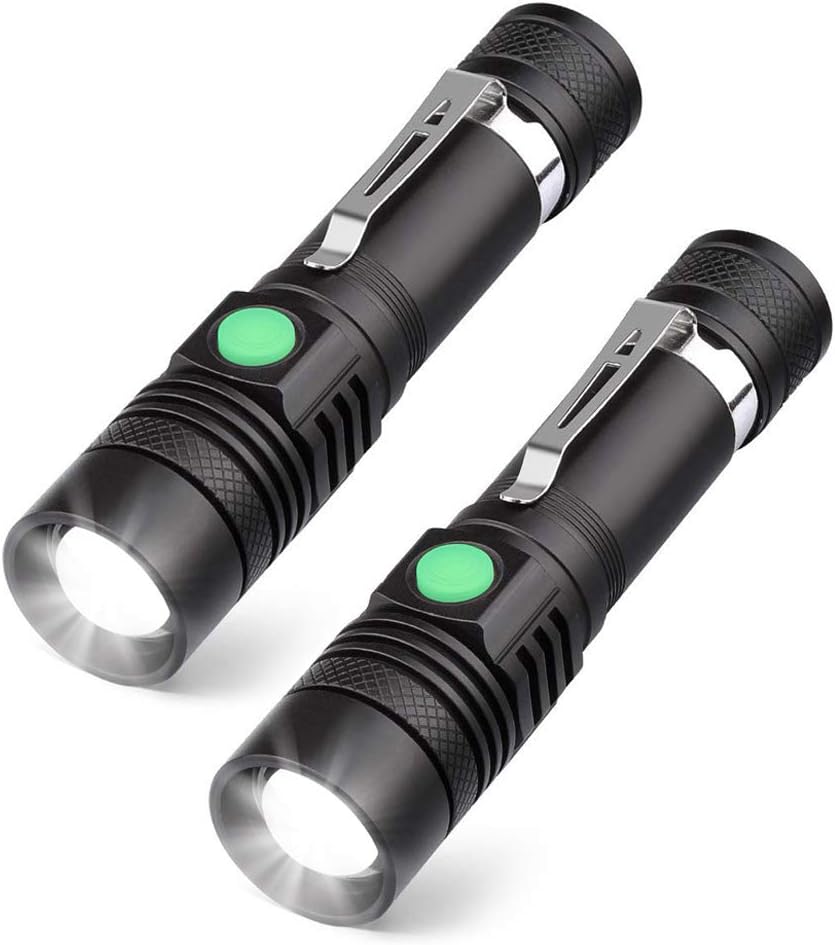 Zestaw 2 latarek LED ładowanych przez USB, 800 lumenów, wodoszczelność IP65, 3 tryby oświetlenia, zmienny zoom, latarki domowe (baterie)