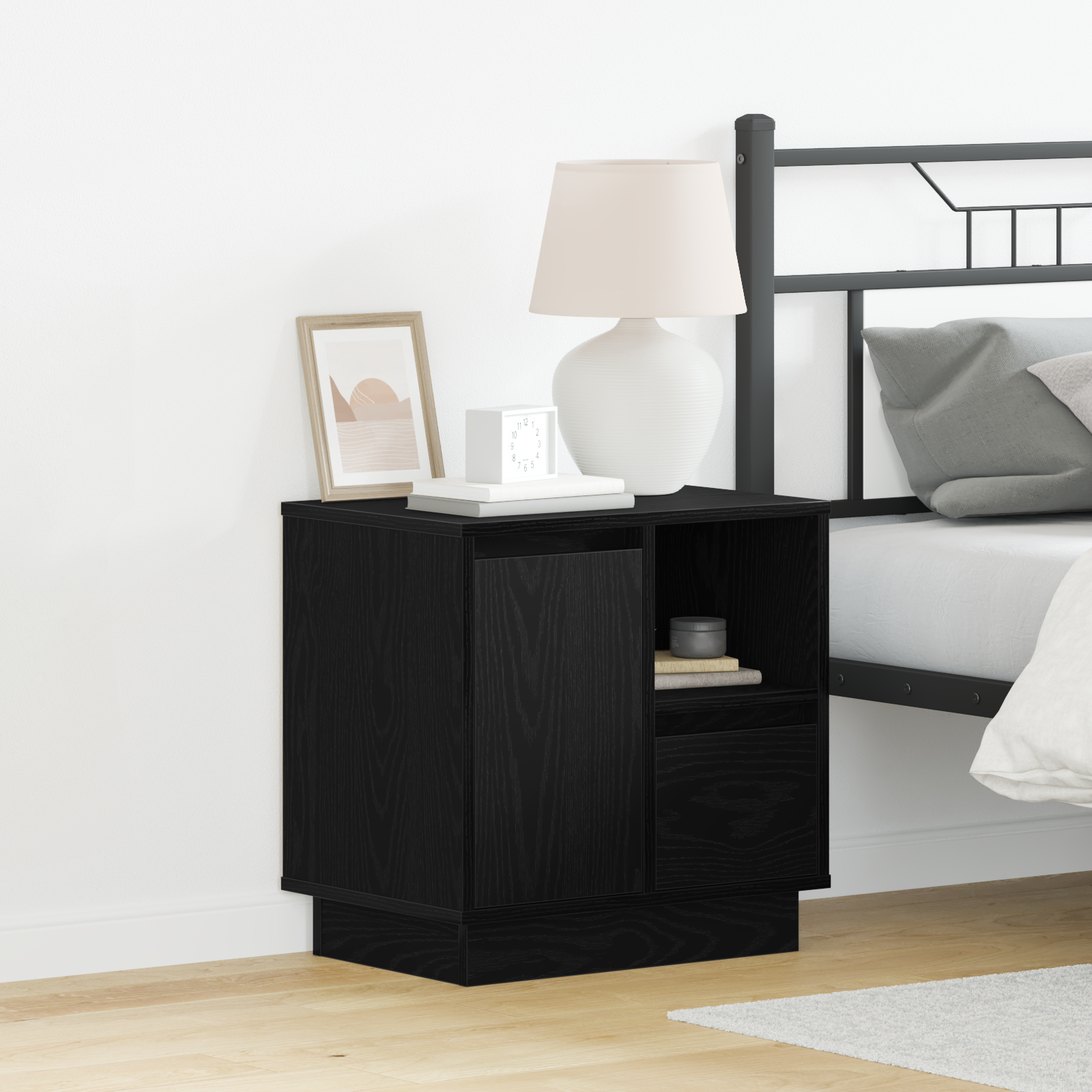 Rcynview Comodino con illuminazione a LED, tavolino con ampio spazio di archiviazione, comodino in legno con 2 cassetti, per soggiorno, camera da letto, colore nero, 45 x 35 x 52 cm