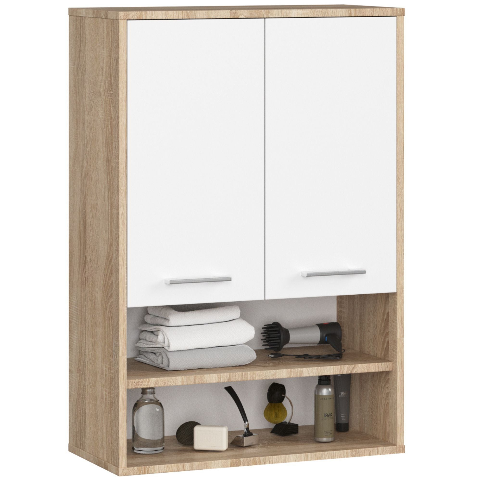 Szafka łazienkowa wisząca AKORD FIN Dąb Sonoma, Biała 64 cm 2 drzwi 4 półki 64x30x94 cm