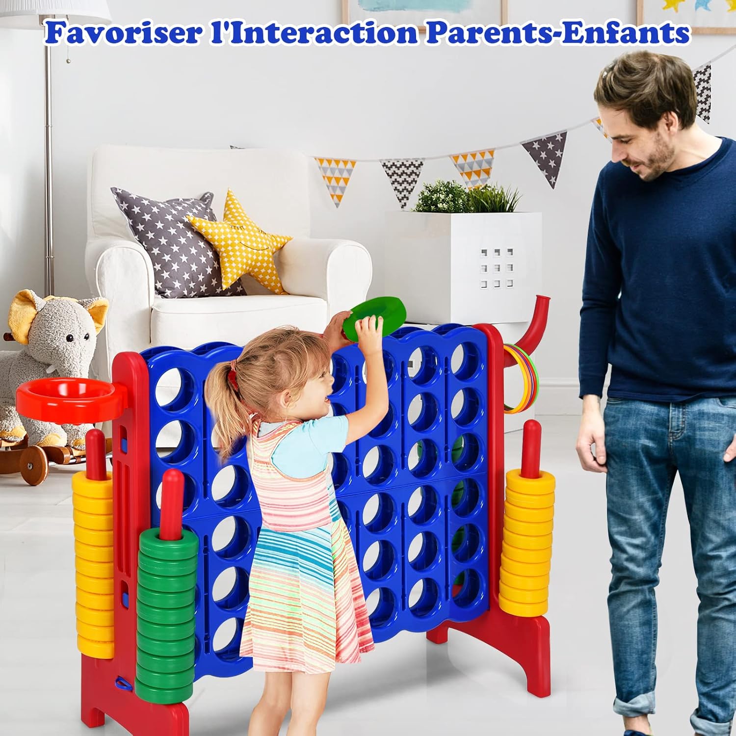 Puissance 4 Géant,Jeu de Société Puissance 4 avec 42 Anneaux et Curseurs pour Redémarrage Rapide, 84 x 33 x 79 cm, Rouge - 6