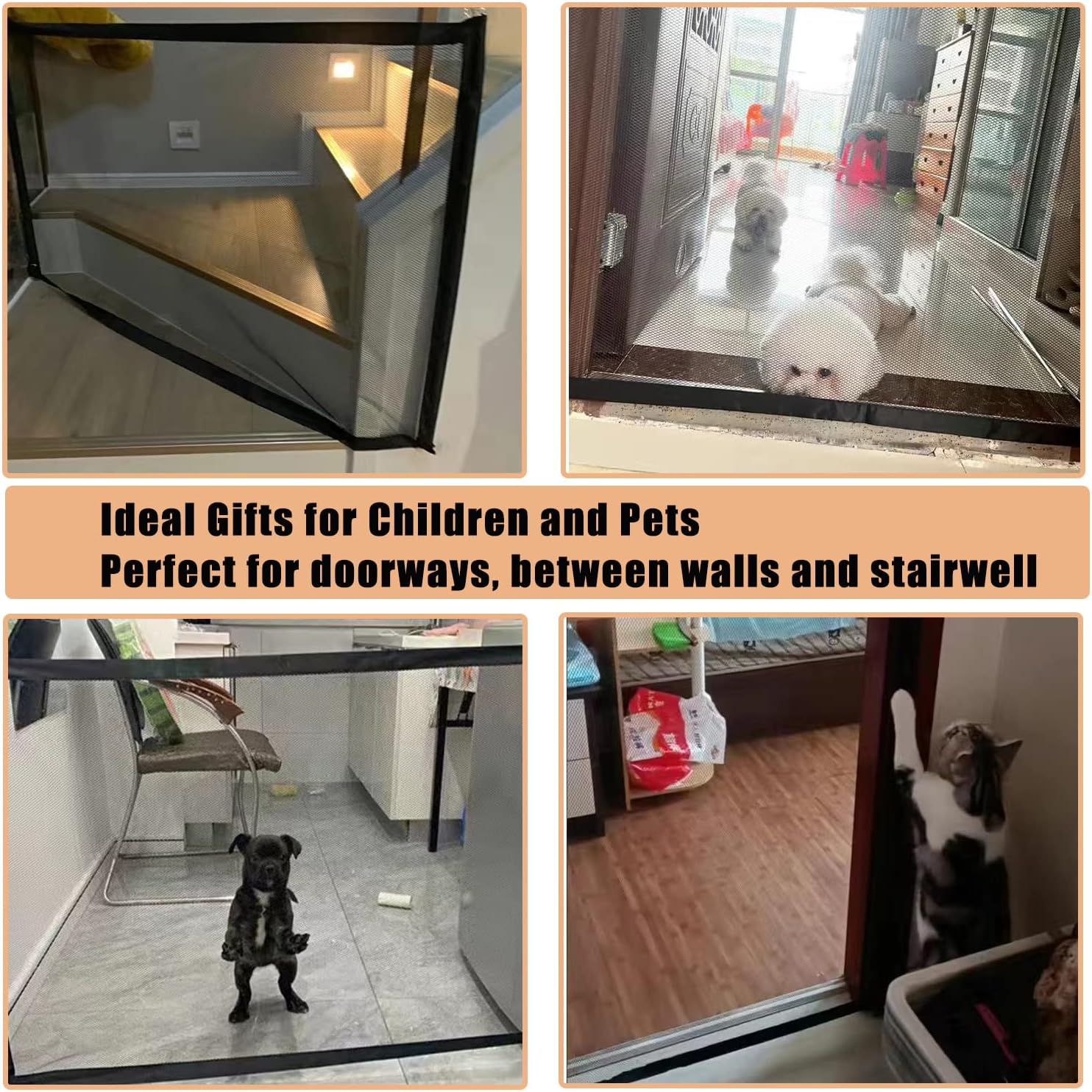 Cancelletto di sicurezza per animali domestici e bambini - Adatto alle scale - Con 4 ganci - 100 x 72 cm - Nero - 5