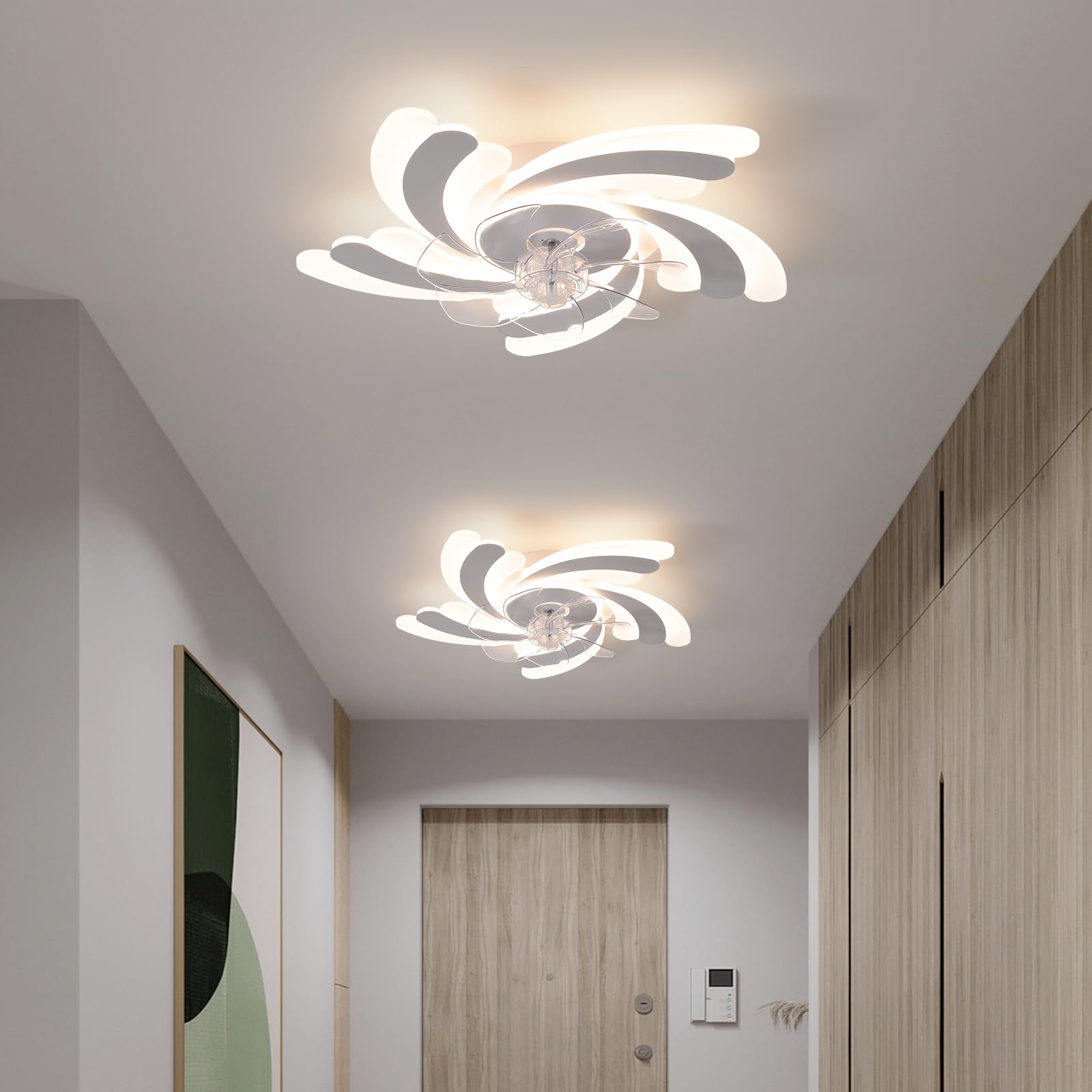 Ventilateur de plafond avec lumières, ventilateur de plafond encastré avec télécommande et application, 6 vitesses de vent, intensité variable, 65 cm - 2