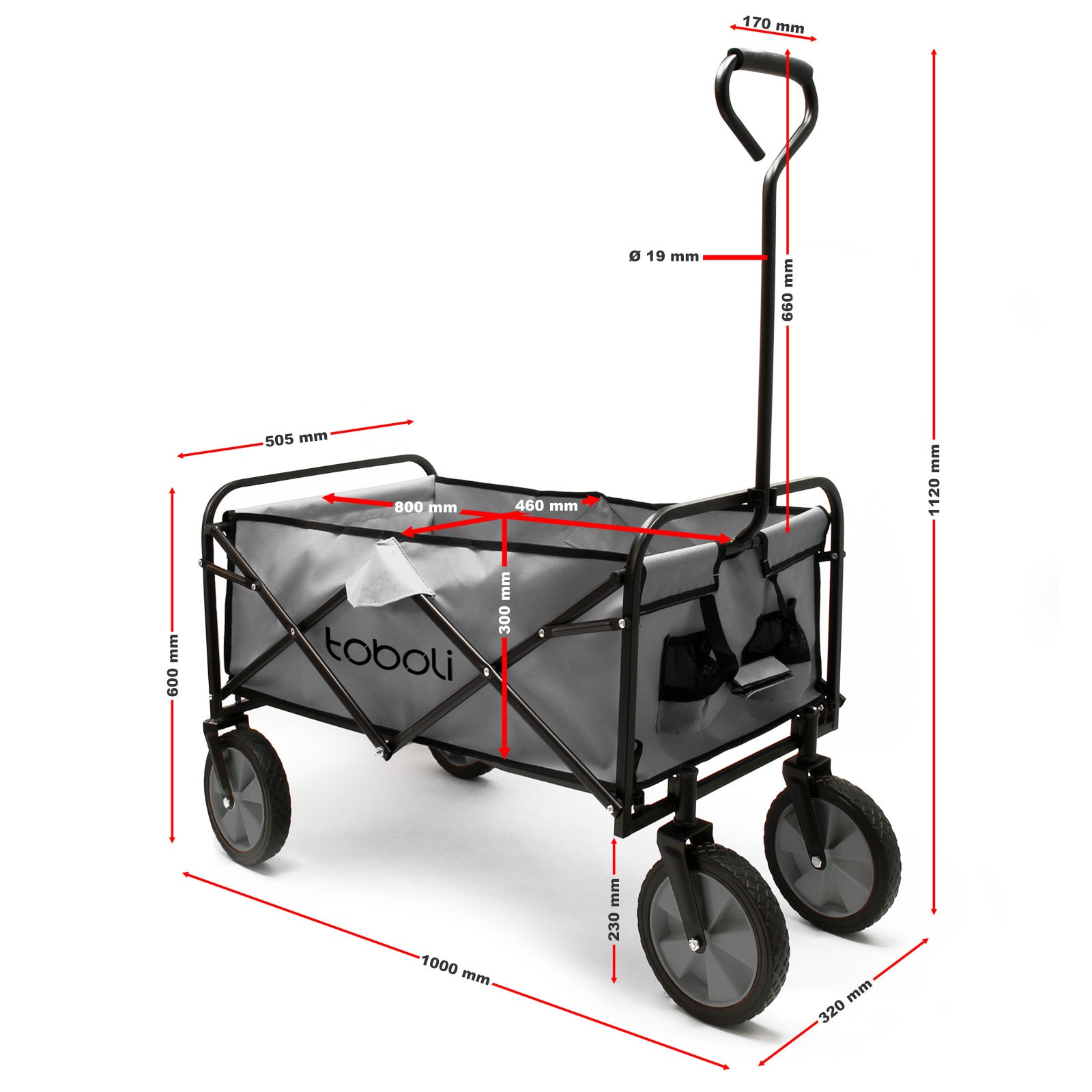 Chariot Enfant Pliable – capacité 100 kg – 1000 x 505 x 1120 mm – de couleur Grise – pour Transport Marchandise Outils Tout-terrain Plage… Toboli - 4
