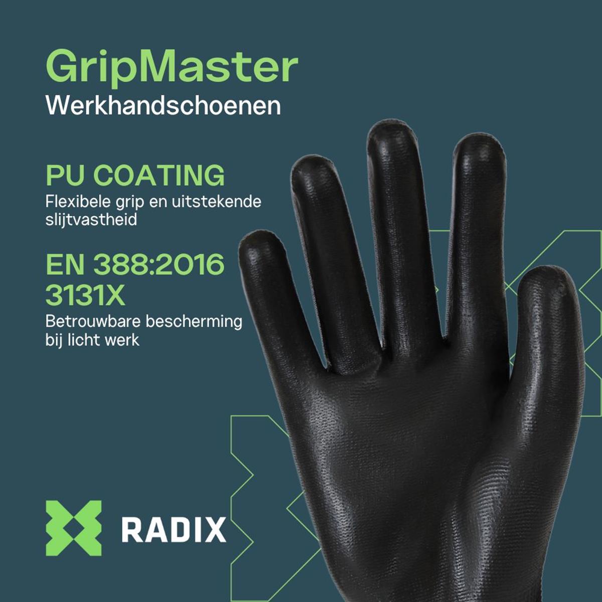 Gants de travail - Radix - GripMaster - PU noir - Taille M8 / S - 3