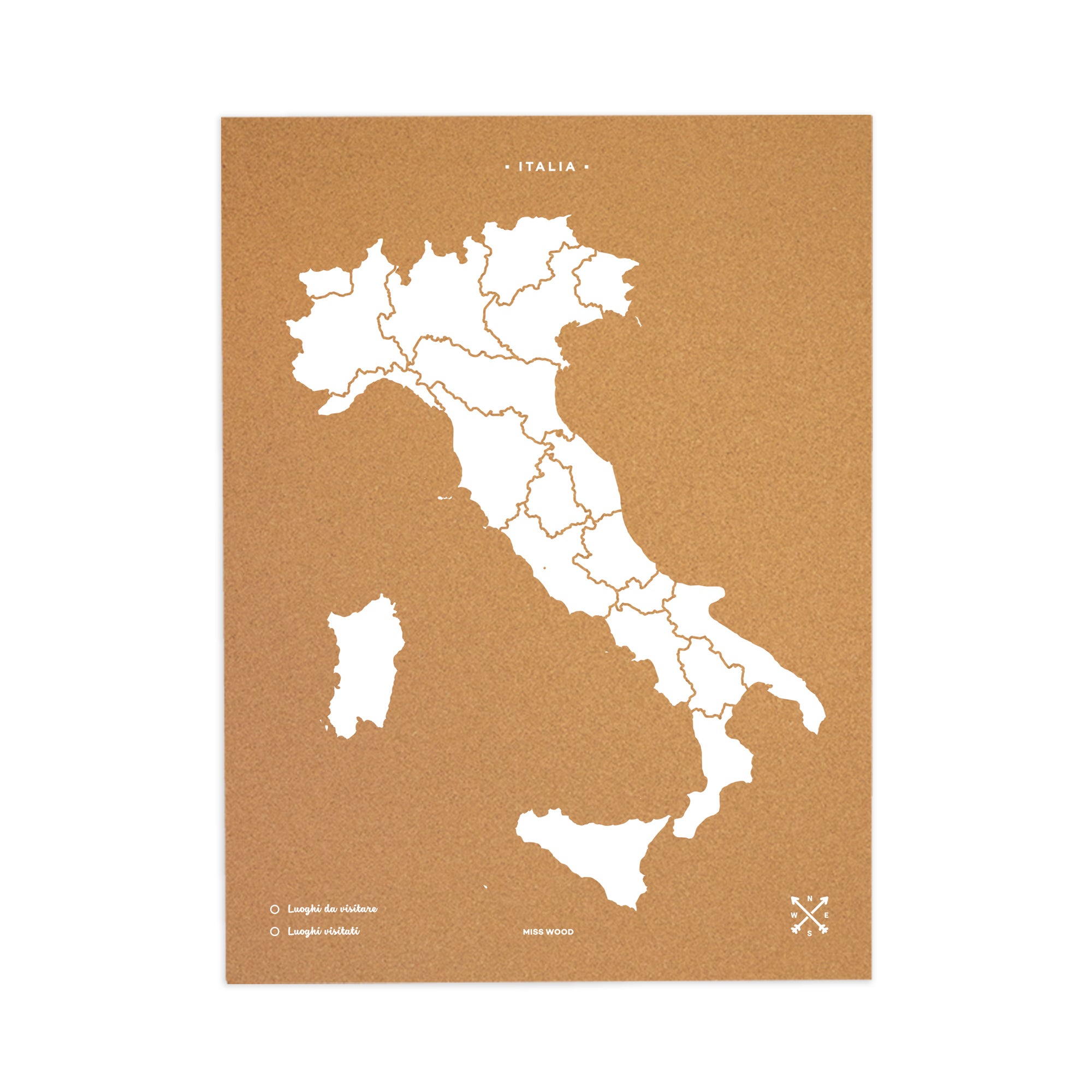 Mapa de corcho - woody map natural italia / 90 x 60 cm / blanco / sin marco