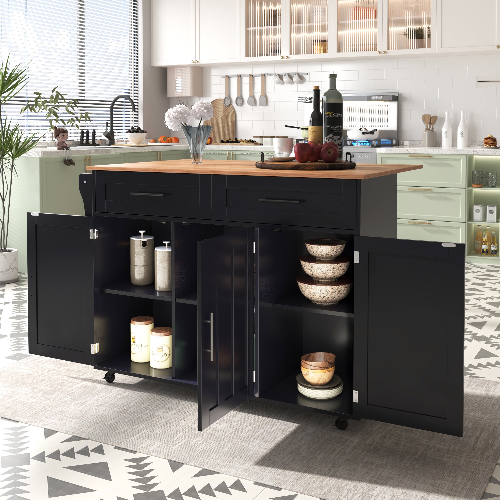 Îlot de cuisine avec plateau pliable et 5 roulettes, 129×46-71×91,5 cm,Desserte de cuisine avec espace de rangement, 2 tiroirs et 3 portes,Noir - 3