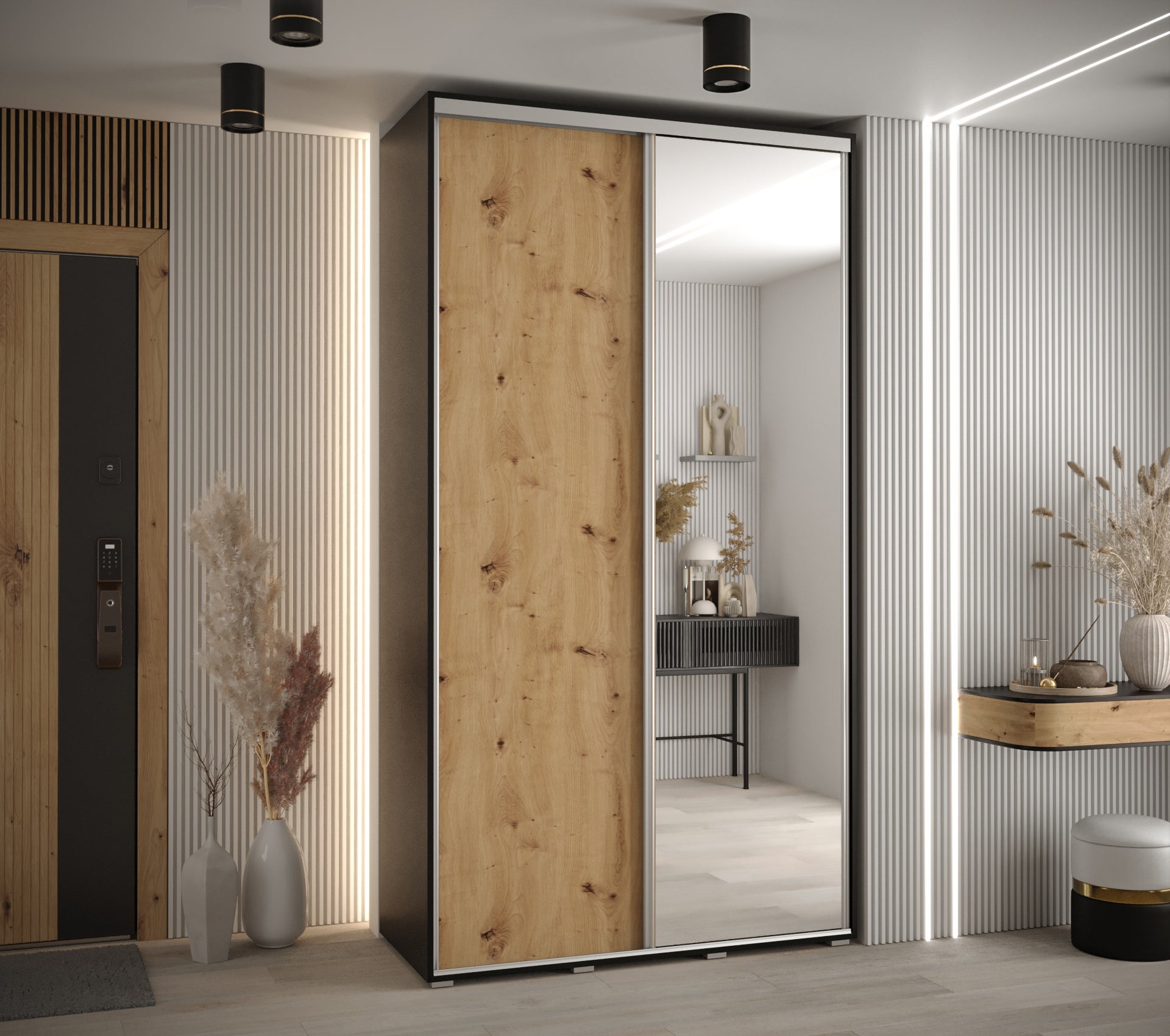 Szafa przesuwna z lustrem wysoka Davos 3 140 x 45 x 235,2 cm czarny + artisan + u. srebrny - Abiks Meble - 2