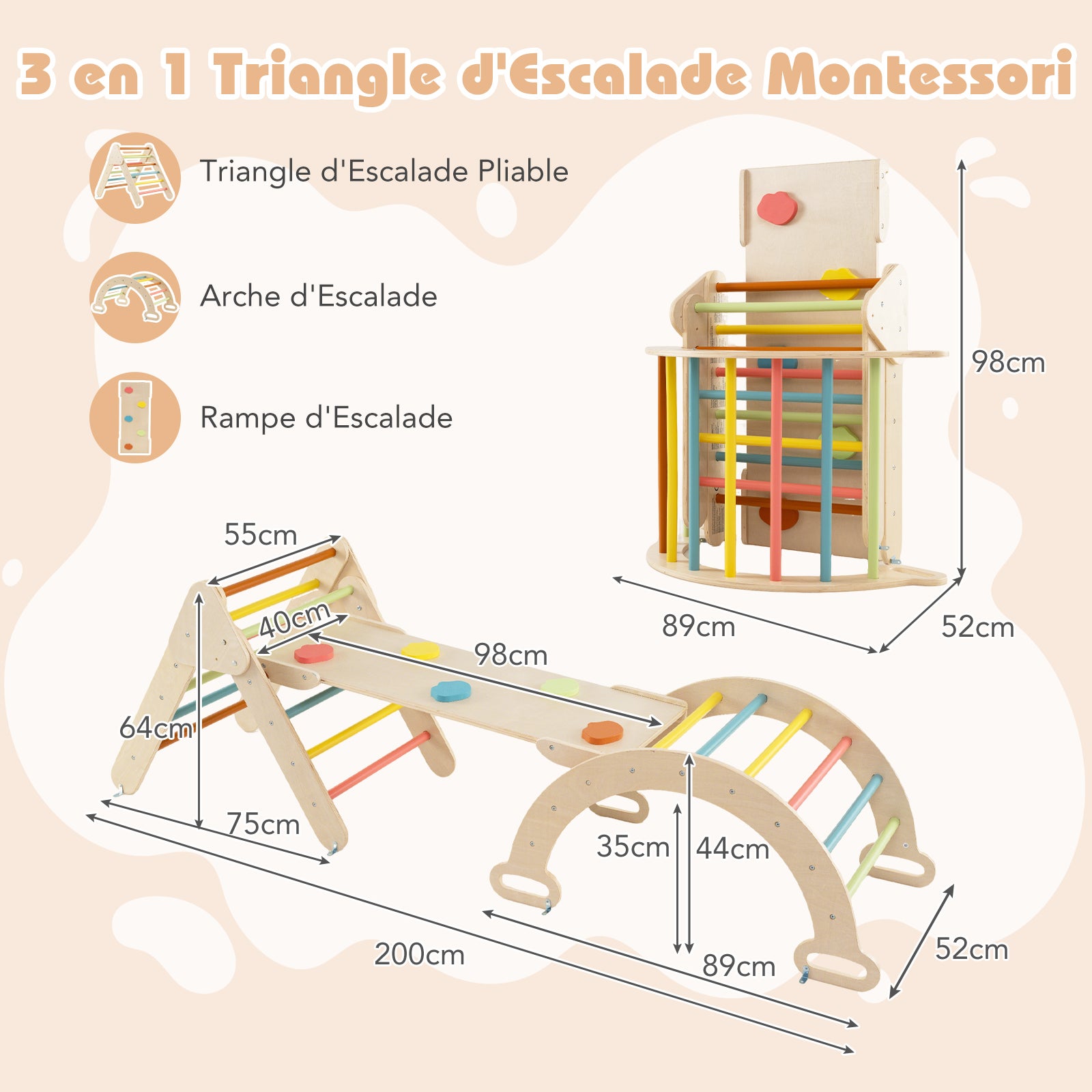 7 en 1 Triangle d'escalade Montessori Enfants avec Rampe, Arc d'escalade en Bois Hêtre avec Tente & Bascule & Échelle, Charge 50KG, pour 1 An + - 3