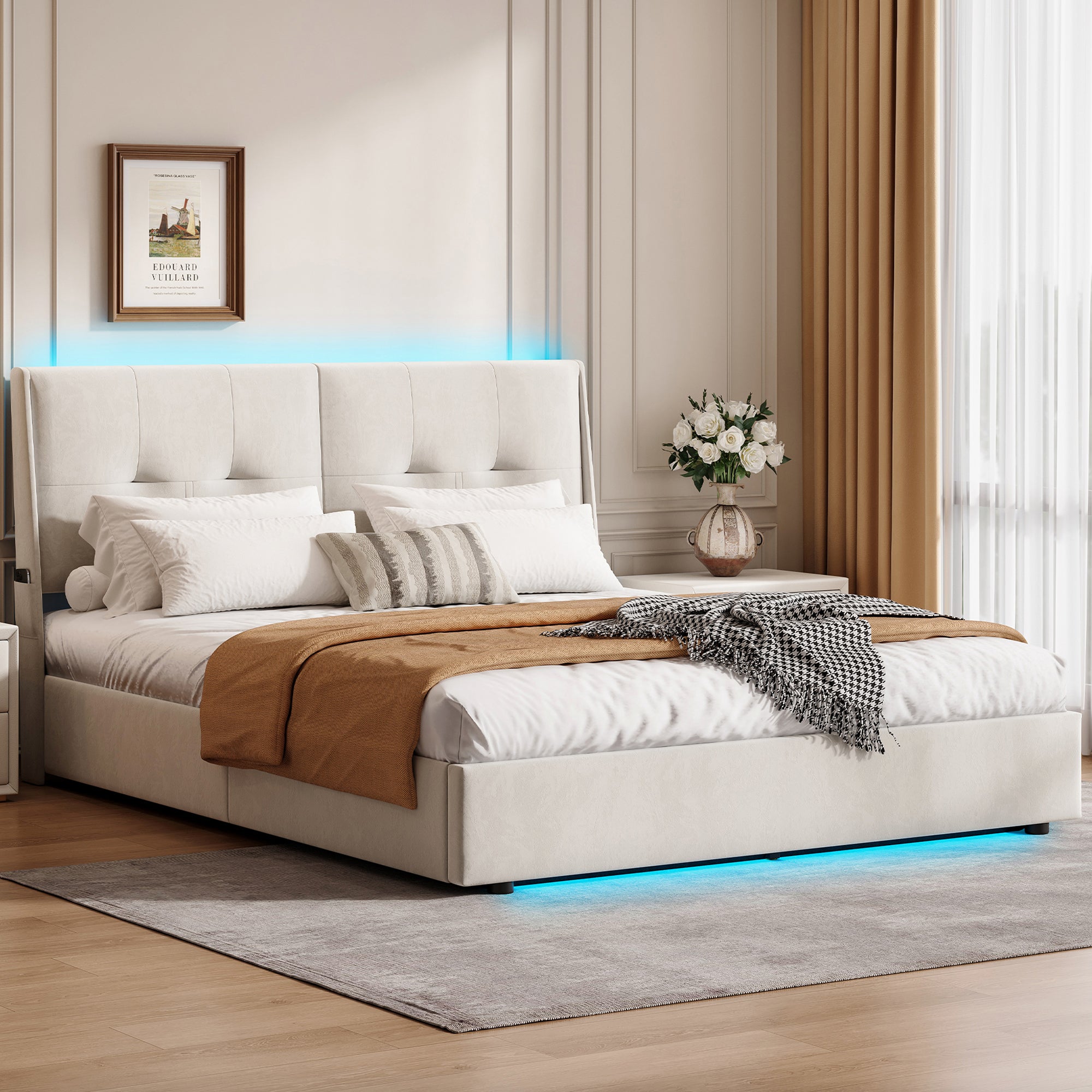 Lit Coffre 160x200 avec Rangement et LED–Cadre de Lit Hydraulique Rembourré en Velours– Lit Double avec Sommier–Adulte/Ado–Beige - 5