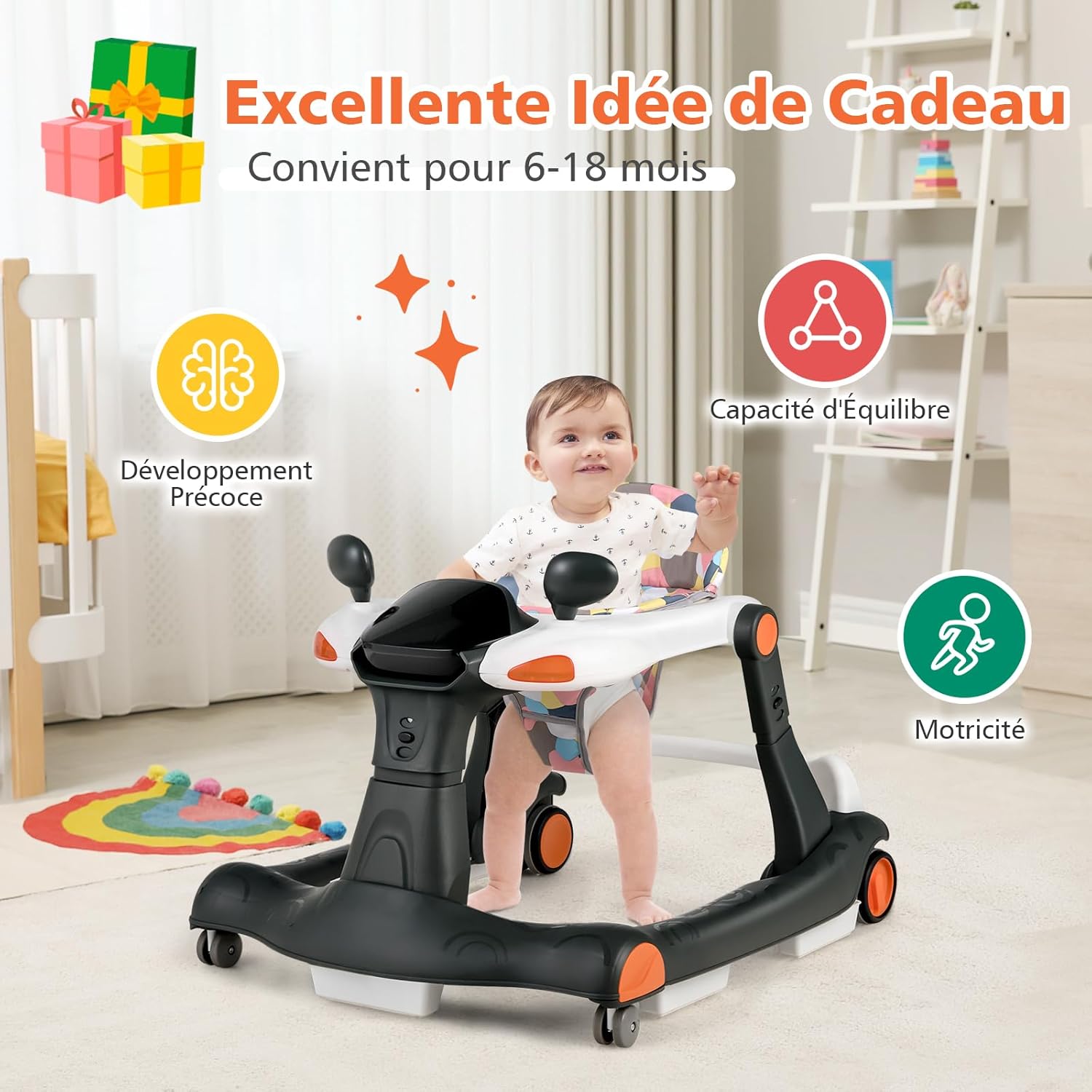 Trotteur Bébé 6-18 Mois, Trotteur Marche Bébé Evolutif 2 en 1, Pousseur Pliable avec Lumière et Musique, Hauteur Réglable en 3 Positions(Noir) - 9