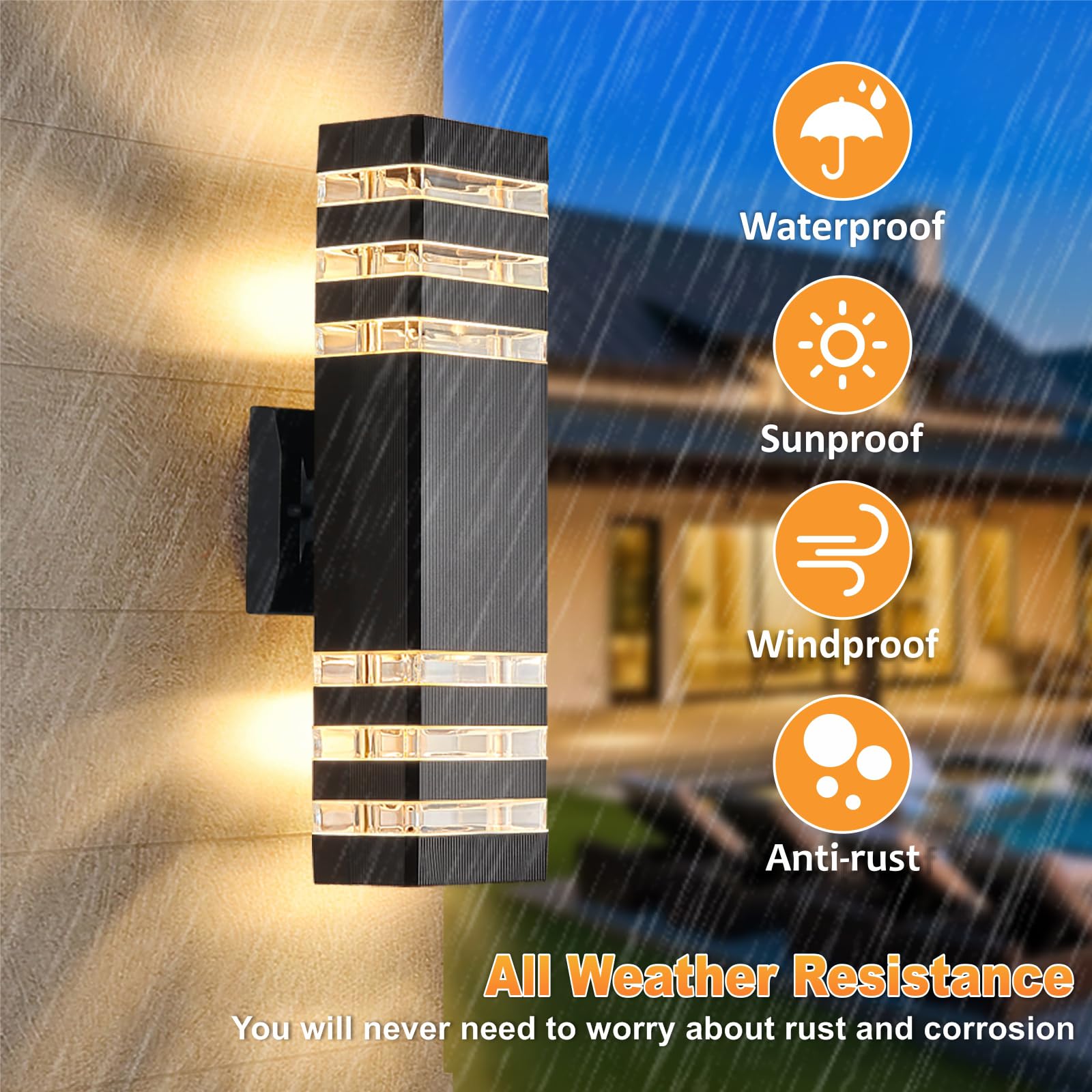 Set di 4 applique da esterno in alluminio, illuminazione verso l'alto e verso il basso, 3000K, impermeabili IP44, per terrazze e garage (34 x 11 cm) - 2