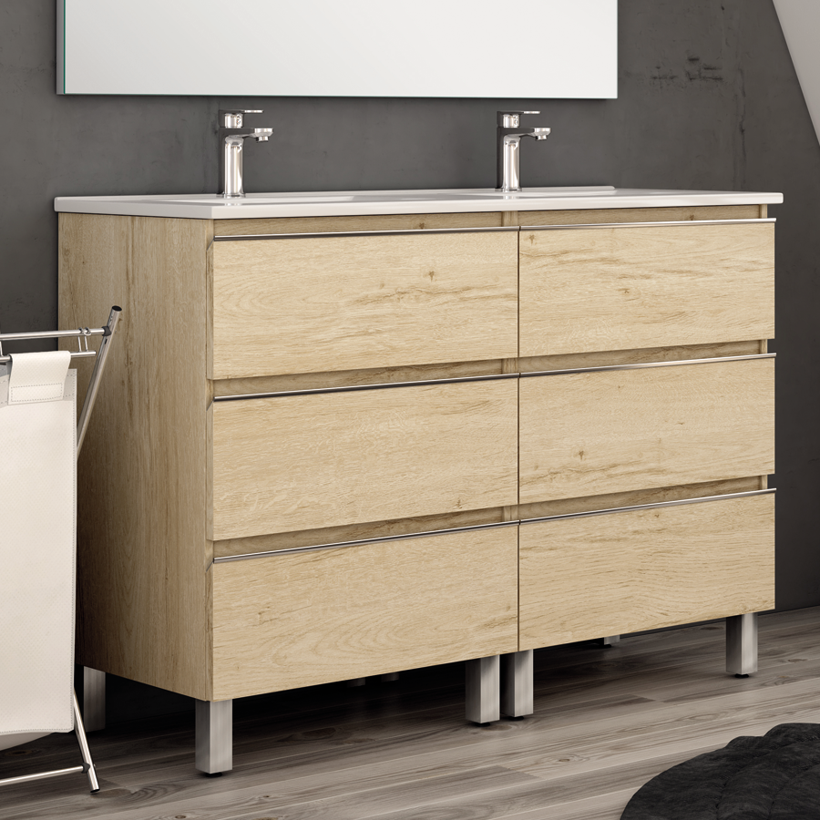 Ensemble meuble de salle de bain 120cm double vasque + colonne de rangement PALMA - bambou (chêne clair) - 2