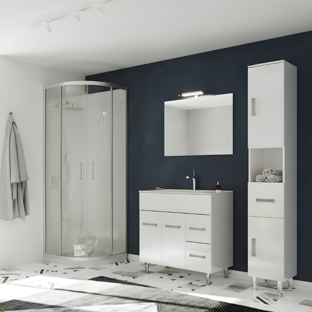 Armario Alto De Baño VASAGLE - Medidas 30x40x165 Cm, Color Blanco Nube, Con Puerta De Cristal Y Patas | Estantes Regulables Y Ahorro De Espacio