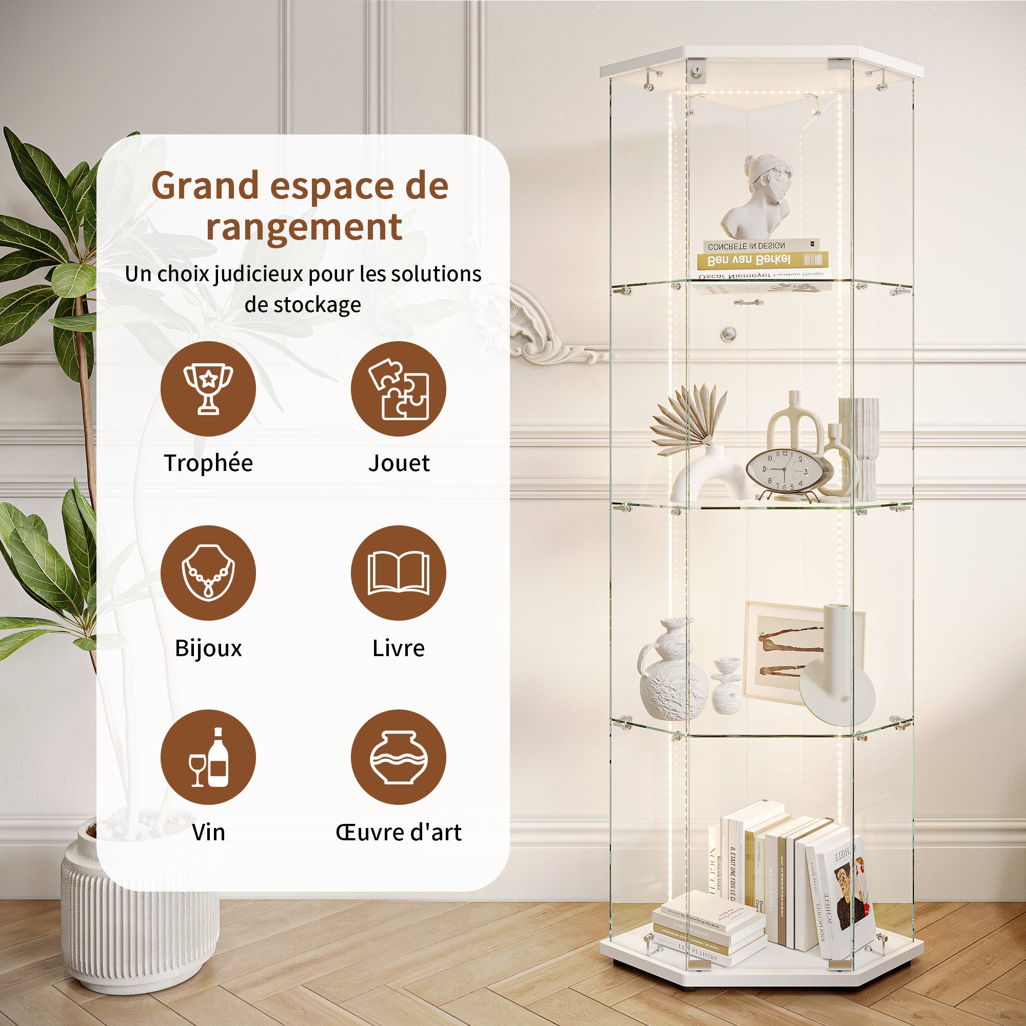 Vitrine pour collection, Vitrine en Verre, Transparent LED Vitrine en verre 4 Couches avec 1 Porte, pour salon et chambre à coucher,cinq angles - 6