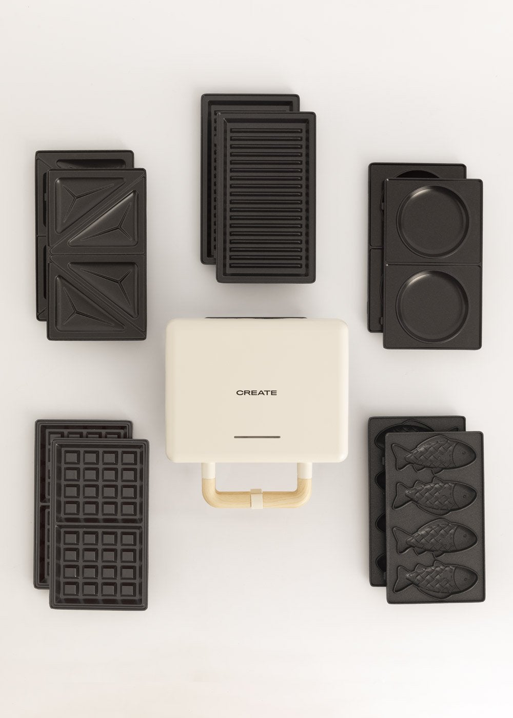 CREATE - Pack STONE STUDIO Podwójny - Opiekacz do kanapek Gofrownica i Grill + Płyta Taiyaki + pancake pancake Plate - Blanc cassé