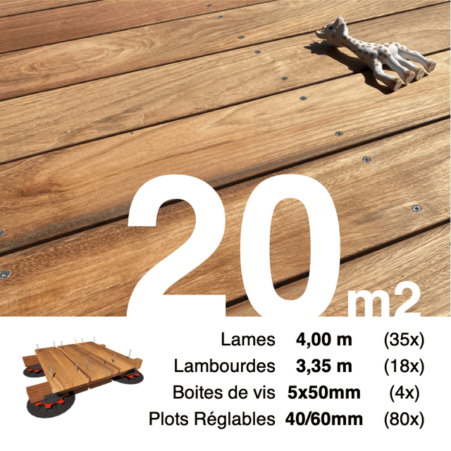 Kit complet terrasse bois exotique JATOBA pour 20 m² • Lames 4 m, lambourdes 3,35 m, plots réglables et visserie Inox • Livraison gratuite