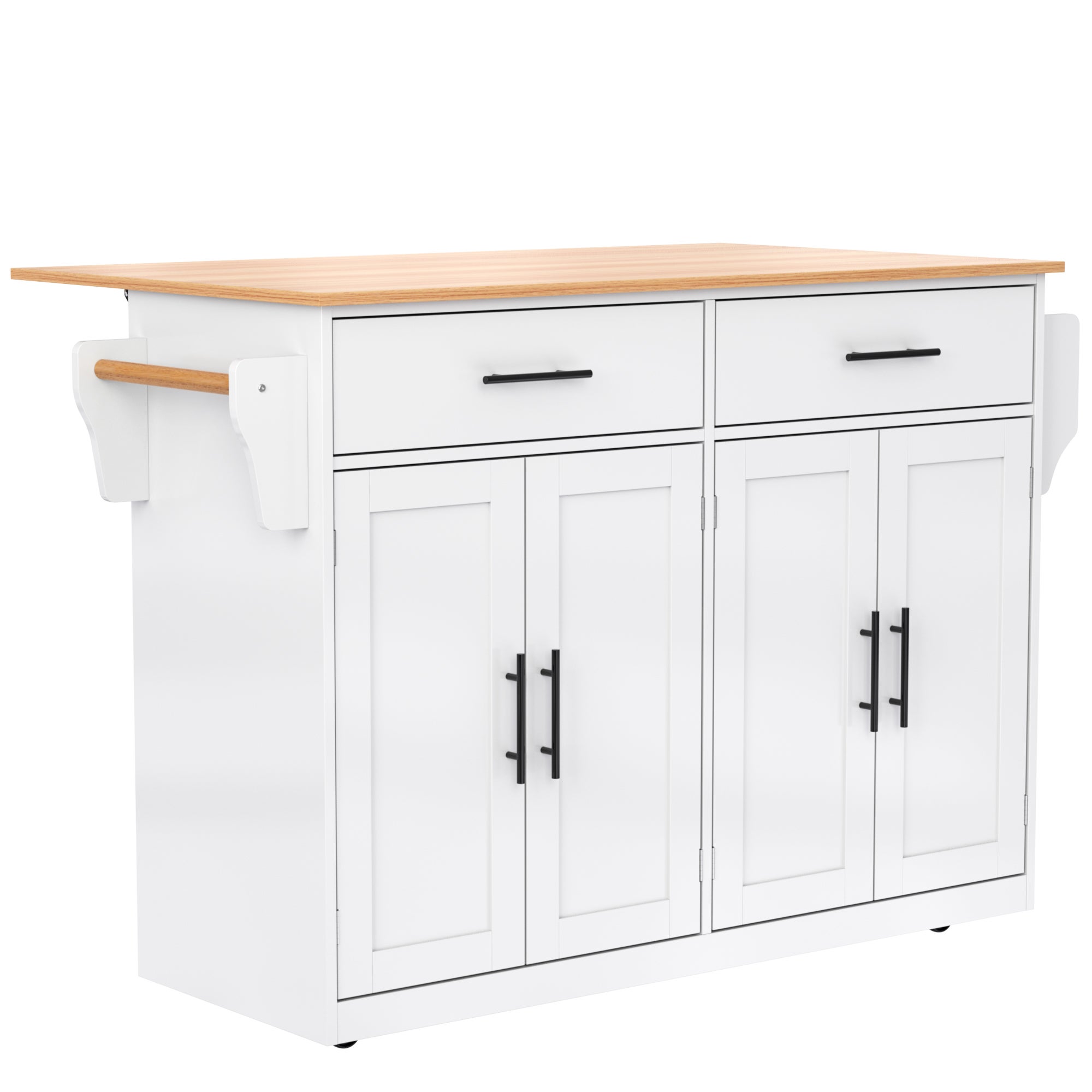 Ilot central de cuisine - 2 tiroirs et 4 compartiments - pieds en roulettes ou en bois - Blanc - 3