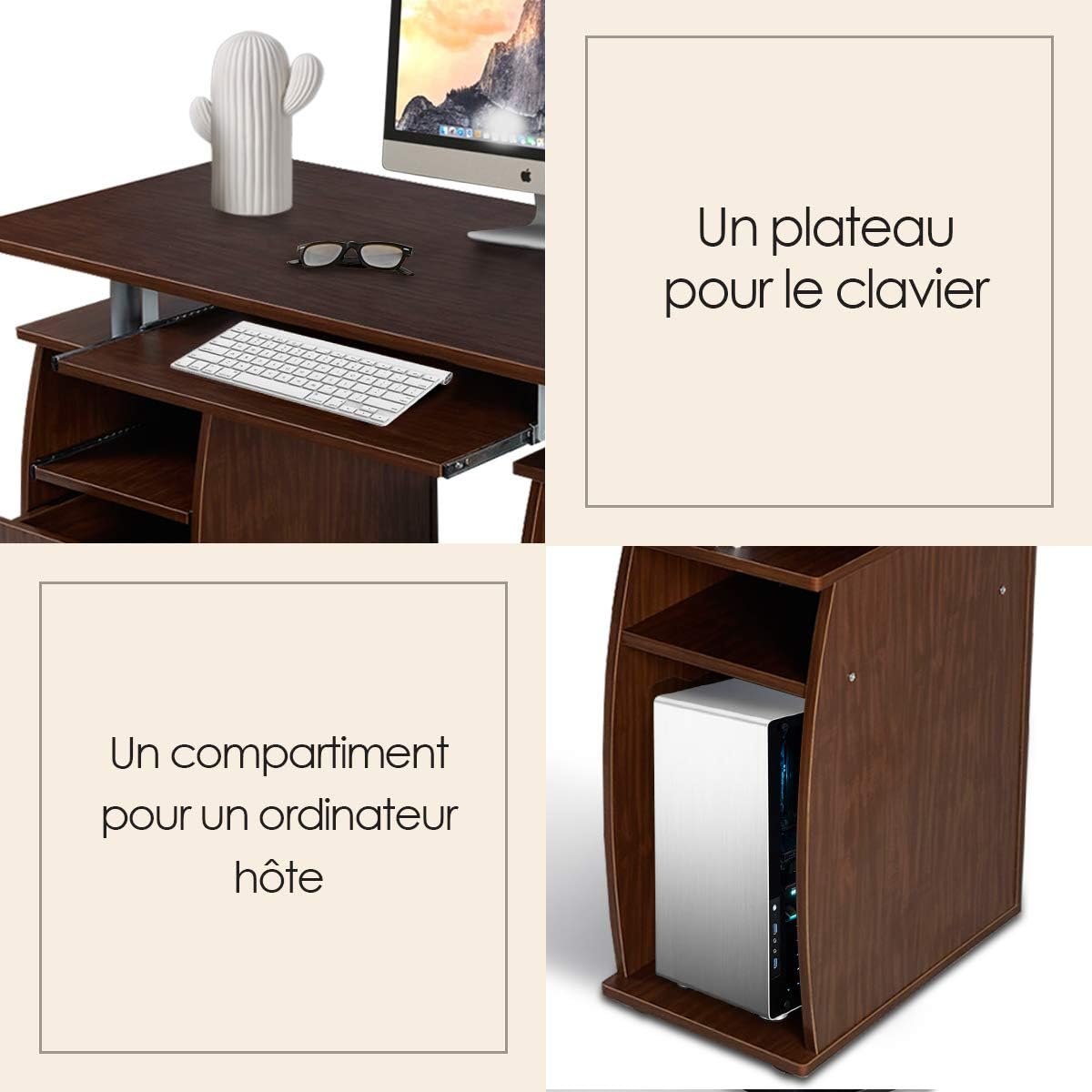 Bureau Informatique 120 x 55 x 85CM, Bureau d'angle avec Tablette Imprimante,avec de Nombreux rangements et Tablette à Clavier Coulissant, Noyer - 5