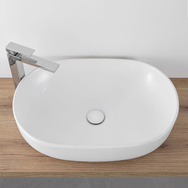 Lavabo Da Appoggio Ovale In Ceramica Bianco Lucido 59x38,3x19,2 Cm - Design Moderno Con Troppopieno, Effetto Loto - Foto 2