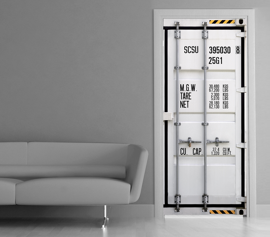 Pegatina decorativa de la puerta, vista de trompe l'oeil en la puerta de una puerta de contenedor de metal estilo industrial, 204 cm x 83 cm