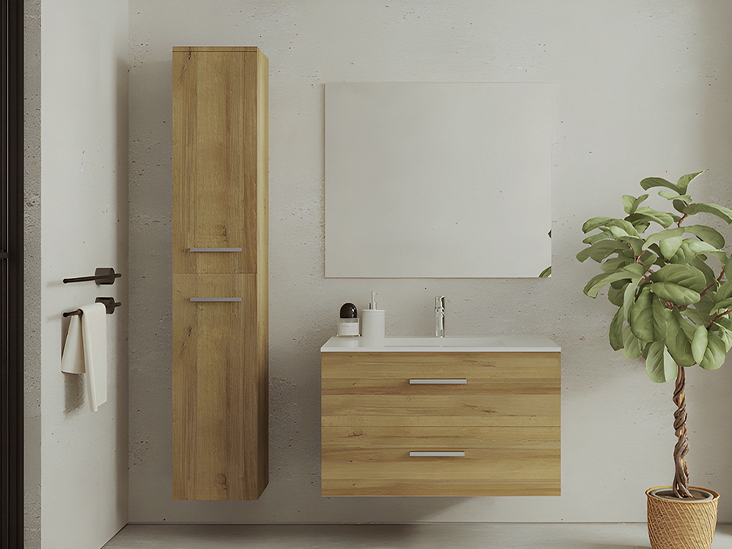 Szafka łazienkowa wisząca z umywalką i szafką typu słupek - Naturalny jasny - 80 cm - KAYLA