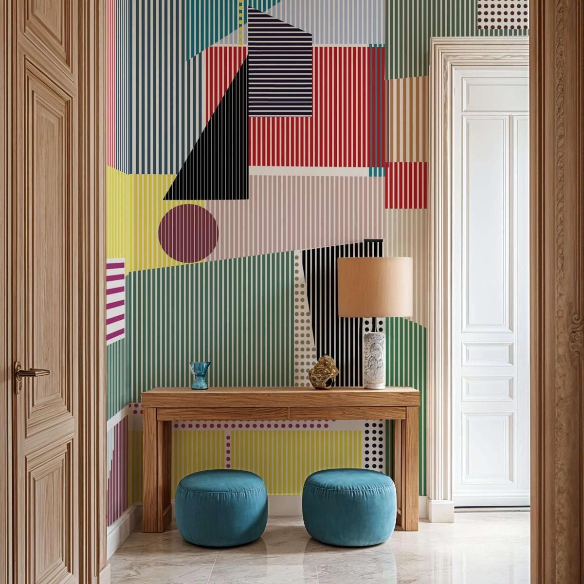 Papier peint panoramique et art déco avec rayures et points colorés ...