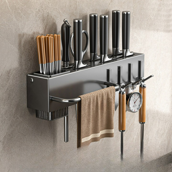 Naścienny stojak na noże kuchenne bez wiercenia, 1 szuflada, 3 przegrody, odporny na wilgoć, nierdzewny materiał stalowy, 30 cm szary