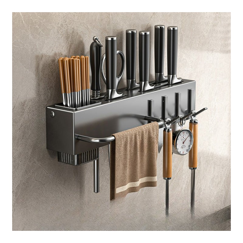 Naścienny stojak na noże kuchenne bez wiercenia, 1 szuflada, 3 przegrody, odporny na wilgoć, nierdzewny materiał stalowy, 30 cm szary