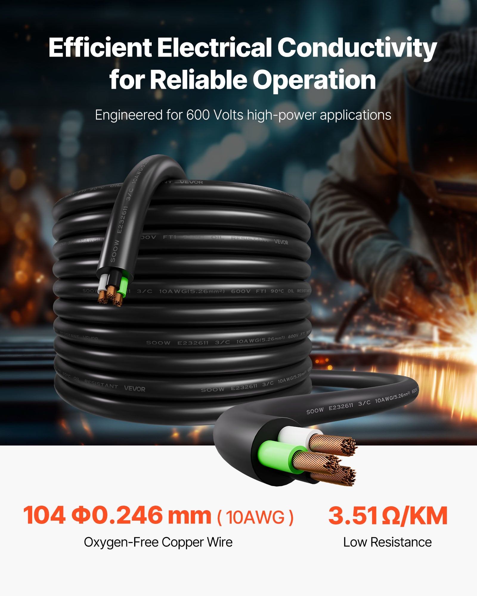 Câble d'Alimentation VEVOR 10 AWG 3 Conducteurs SOOW,600V,Longueur 15,24 m,Gaine Caoutchouc,Conducteur Cuivre Fil Fin,Cordon Électrique Urgence - 2