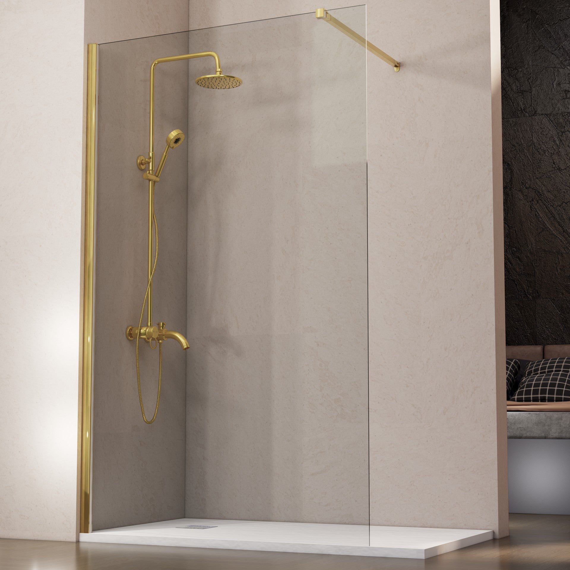 Mampara de ducha fija 120 cm transparente Oro Cepillado antical 8mm 200 cm alto - 3