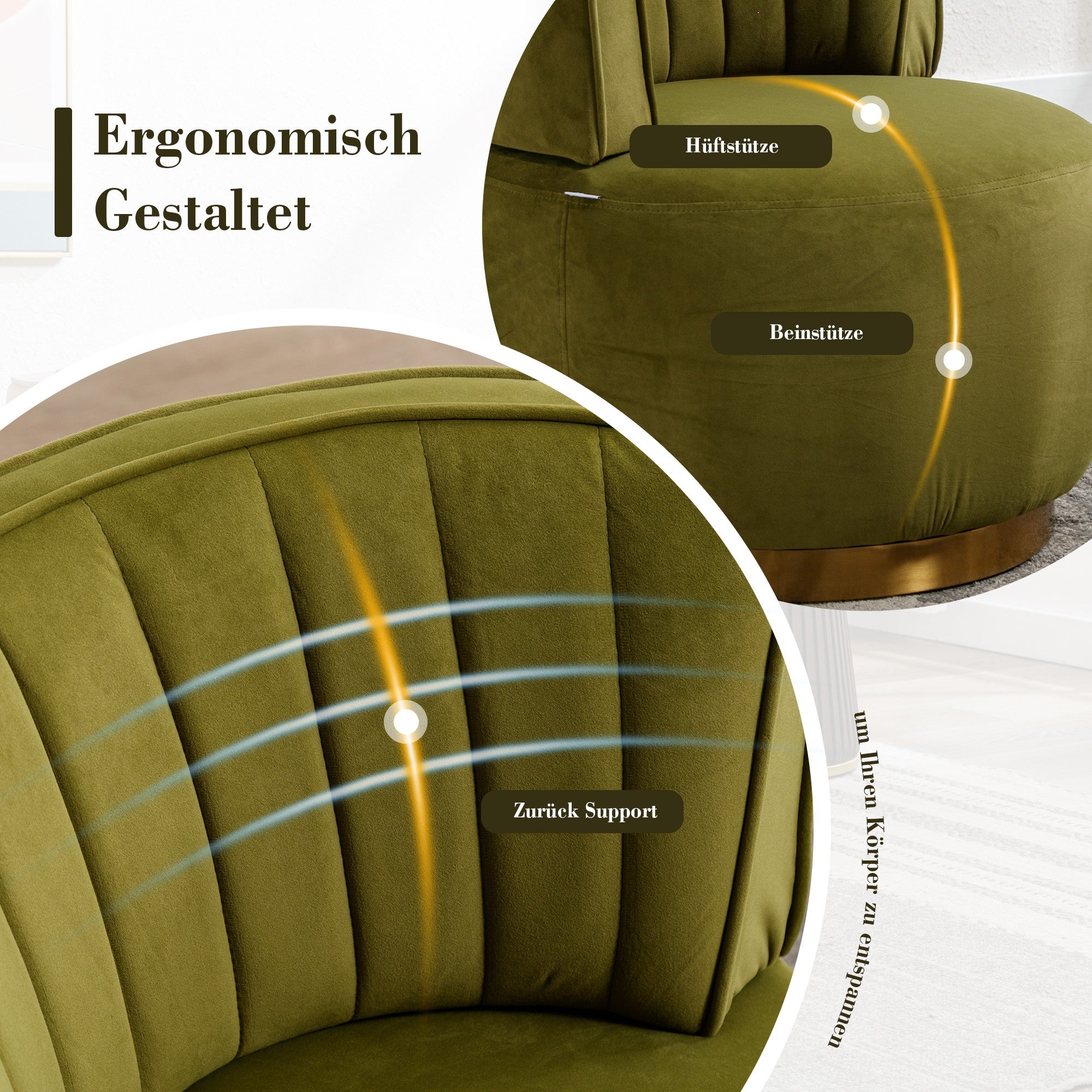 Fauteuil Pivotant 360° Velours Vert Olive - Chaise Lounge Moderne & Confortable - Structure Bois Robuste pour Salon & Chambre - 8