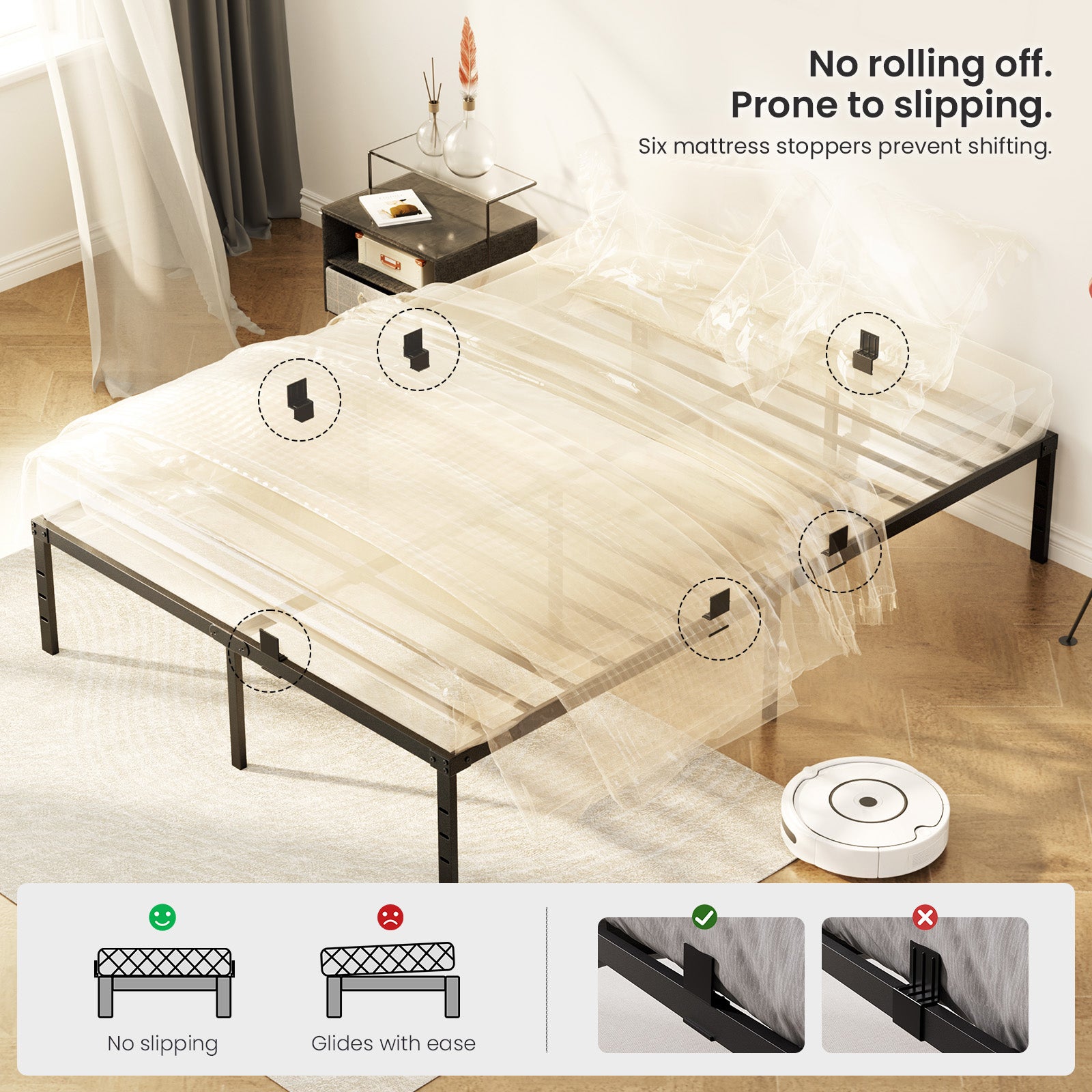 Cadre Lit Plateforme Moderne: 140x200 cm, Cadre Lit Métallique, Pieds Rectangulaires Robustes, Lattes Silencieuses. AURALUM MAX. - 7