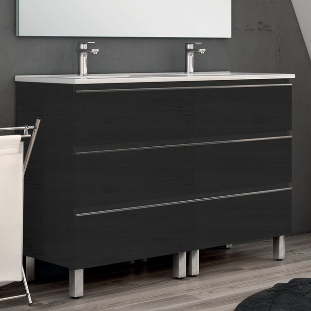 Meuble de salle de bain 120cm double vasque - 6 tiroirs - sans miroir - PALMA - ebony (bois noir)