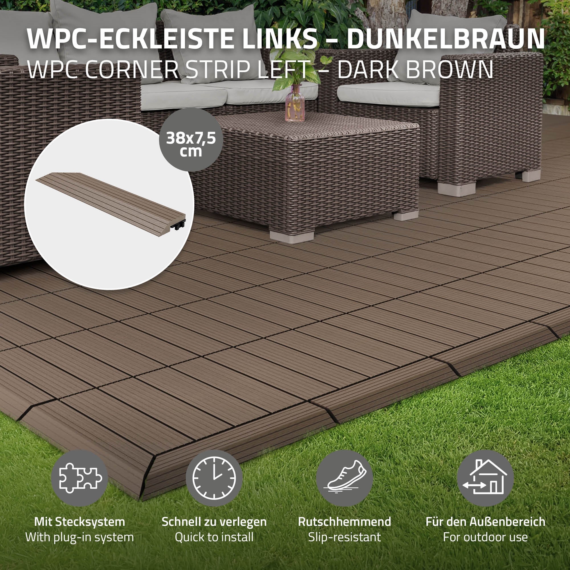ML-Design listwa narożna lewa wpc ciemnobrązowa 38x2x7,5 cm profil drewnopodobny ryflowany z odpływem wzmocniona baza system klik obróbka krawędzi - 2