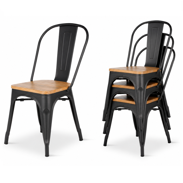 Kosmi - Lot de 4 chaises en métal Noir Mat et Assise en Bois Clair - Style Industriel
