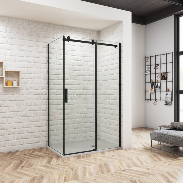 Cabine de douche coulissante 120x80x200cm - Verre anticalcaire 8mm, profil noir mat avec porte + paroi latérale