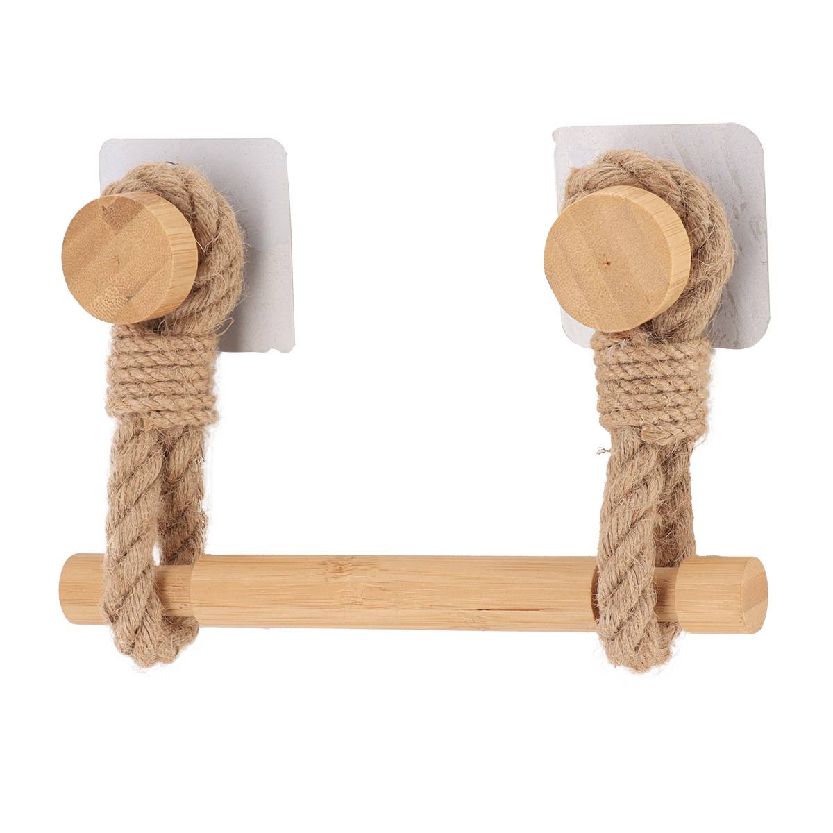 Porte-serviettes Arrondi En Bambou Avec Lanière En Corde - Adhésif Inclus - Design Naturel