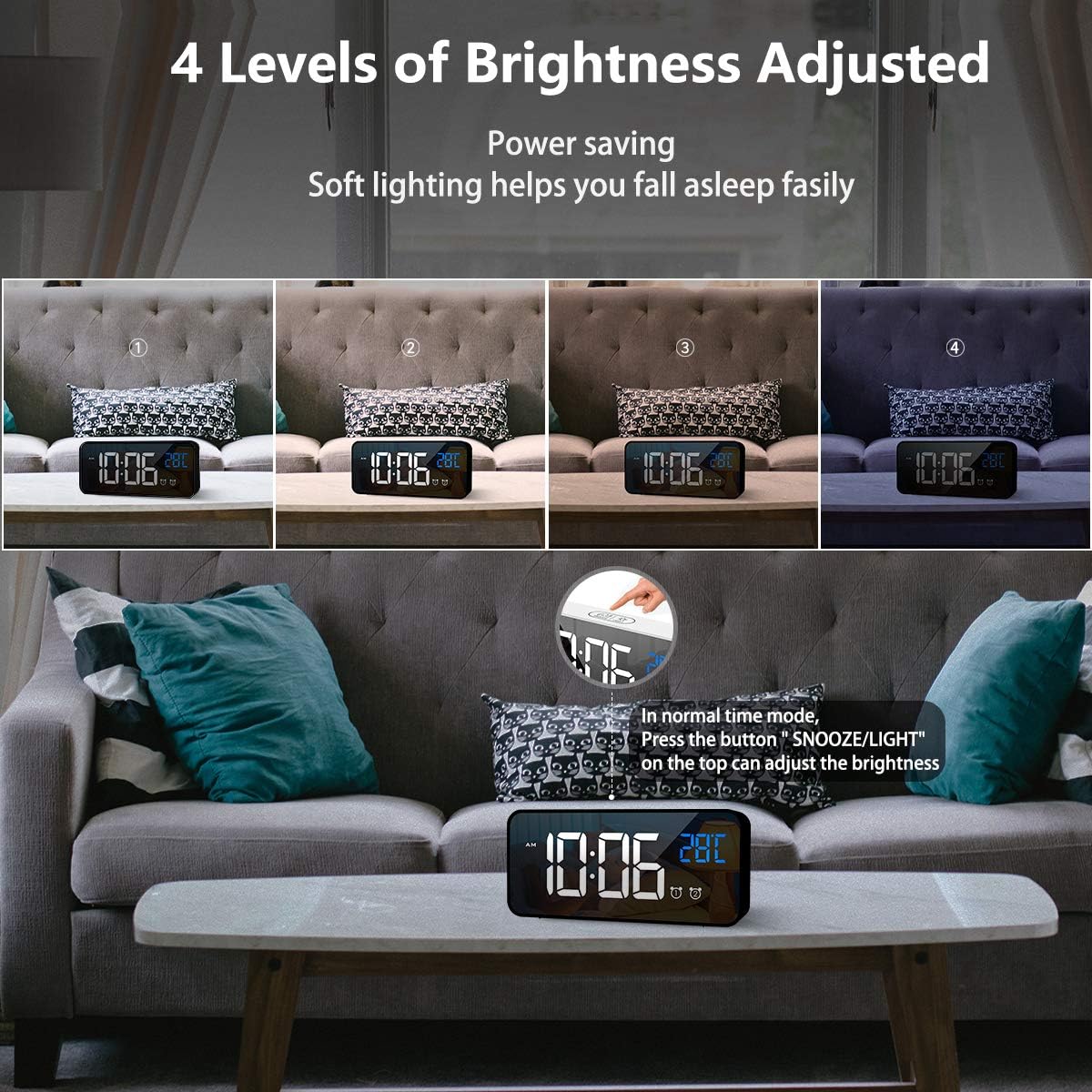 Réveil numérique, réveil LED avec fonction snooze, chargement par ports USB (noir) - 4