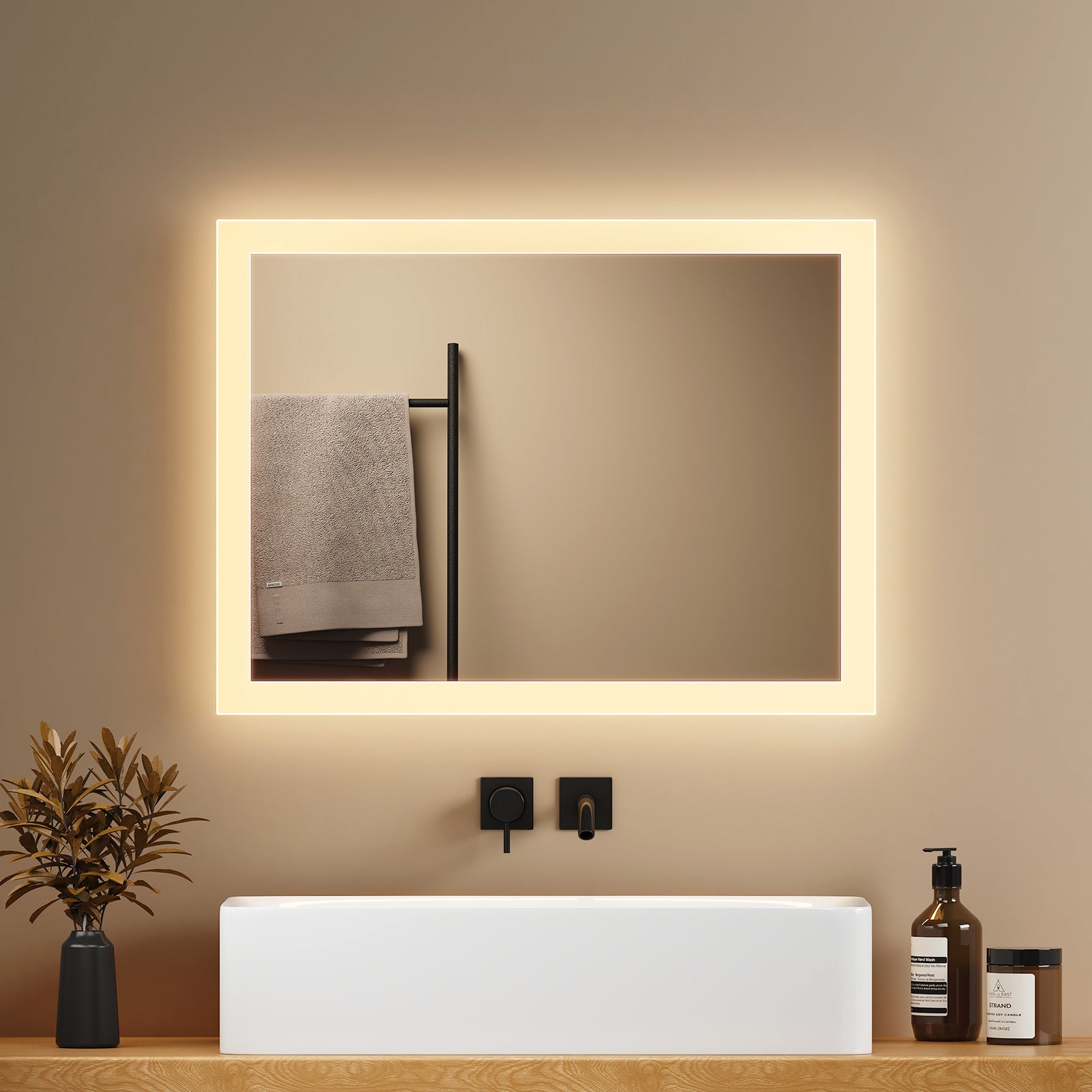 EMKE Lustro łazienkowe z oświetleniem LED 45x60 cm, z Przeciwmgielne, przełącznikiem przyciskowym, Lustro z zimnym/ciepłym białym podświetleniem