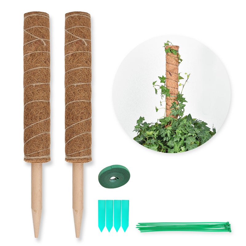 LOVEXIU Fibre De Coco 2pcs 40cm, Bâton Noix Coco Avec 50 Etiquettes Plante Et Attaches Câble Jardin 20m,Support Plantes Grimpantes,Maison Jardin Plante Grimpantes Extension De Support De Plante