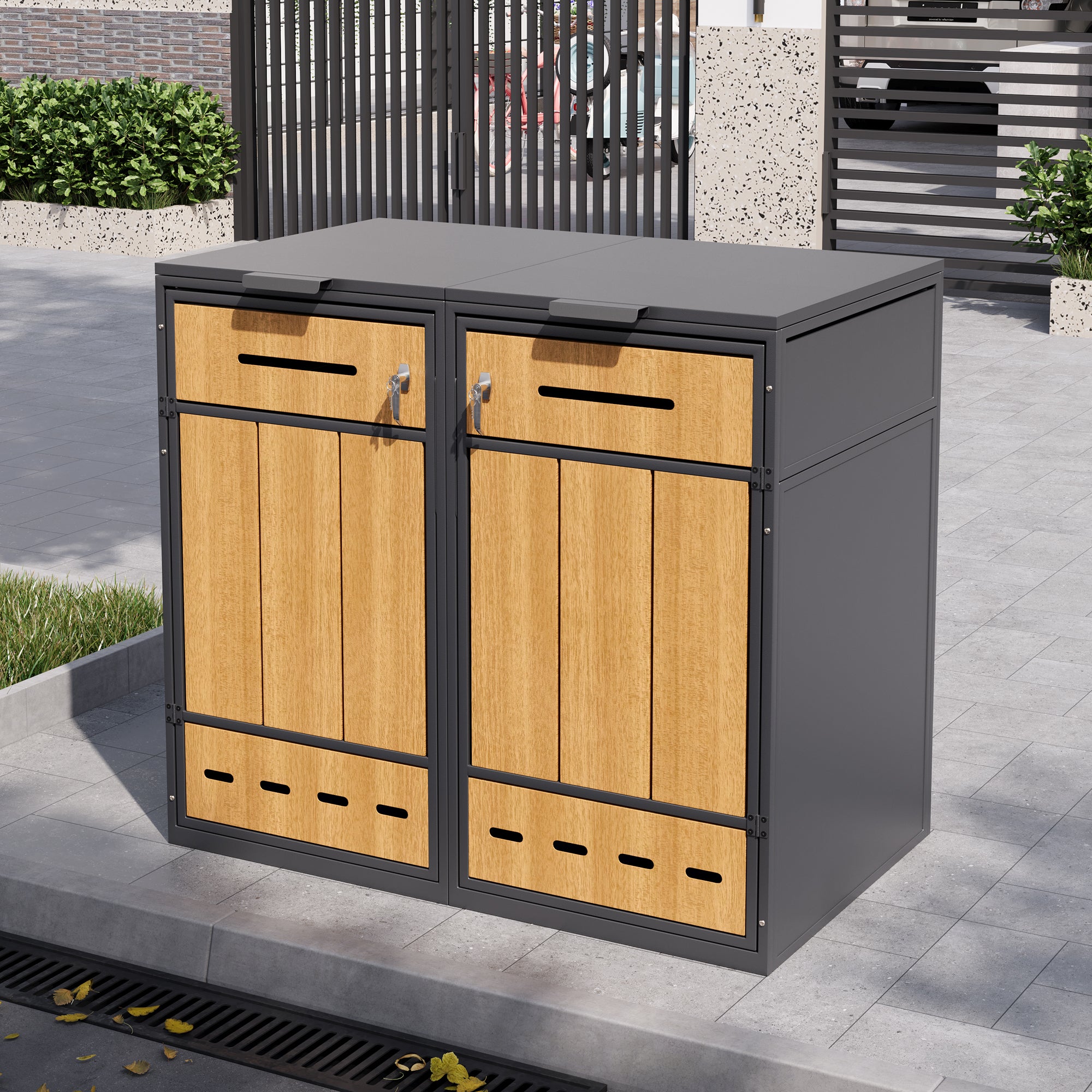 Cubre contenedores doble 2 bacs 120-240 l, tapa basculante + 2 puertas, acero, gris y madera