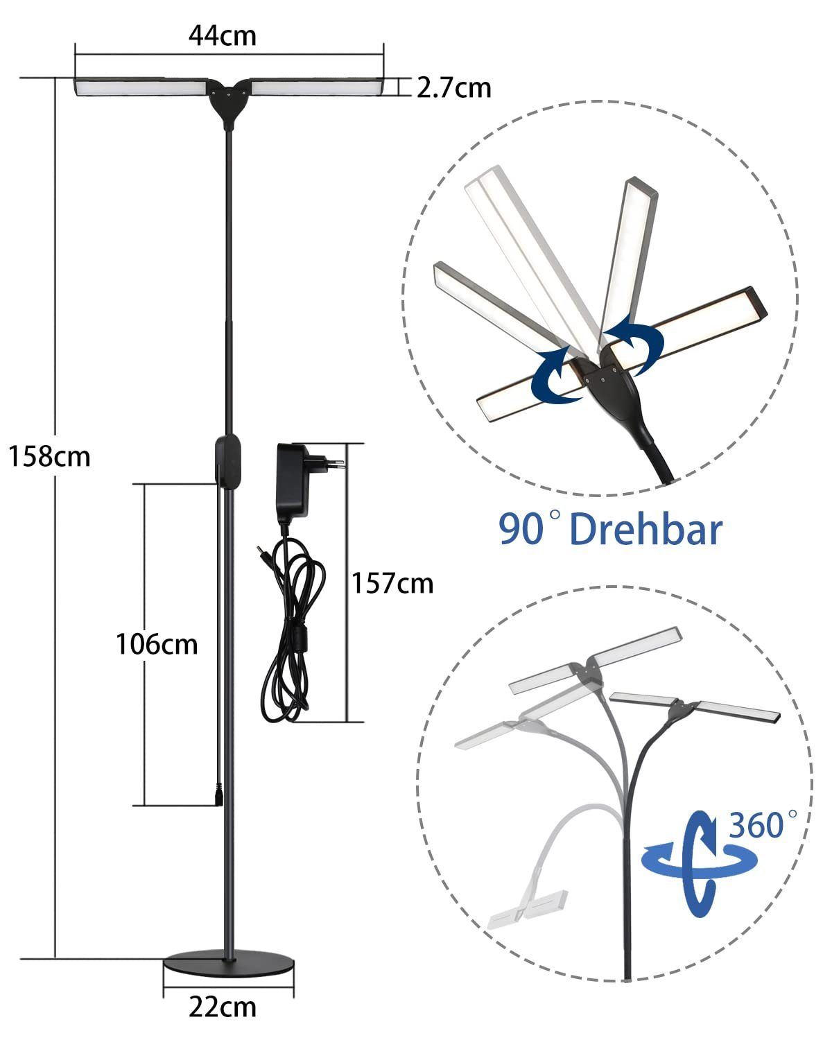 ZMH Lampa podłogowa LED Ściemnialna Lampa do czytania LED 9W Timer Pamięć Regulowana Dotykowa - 7