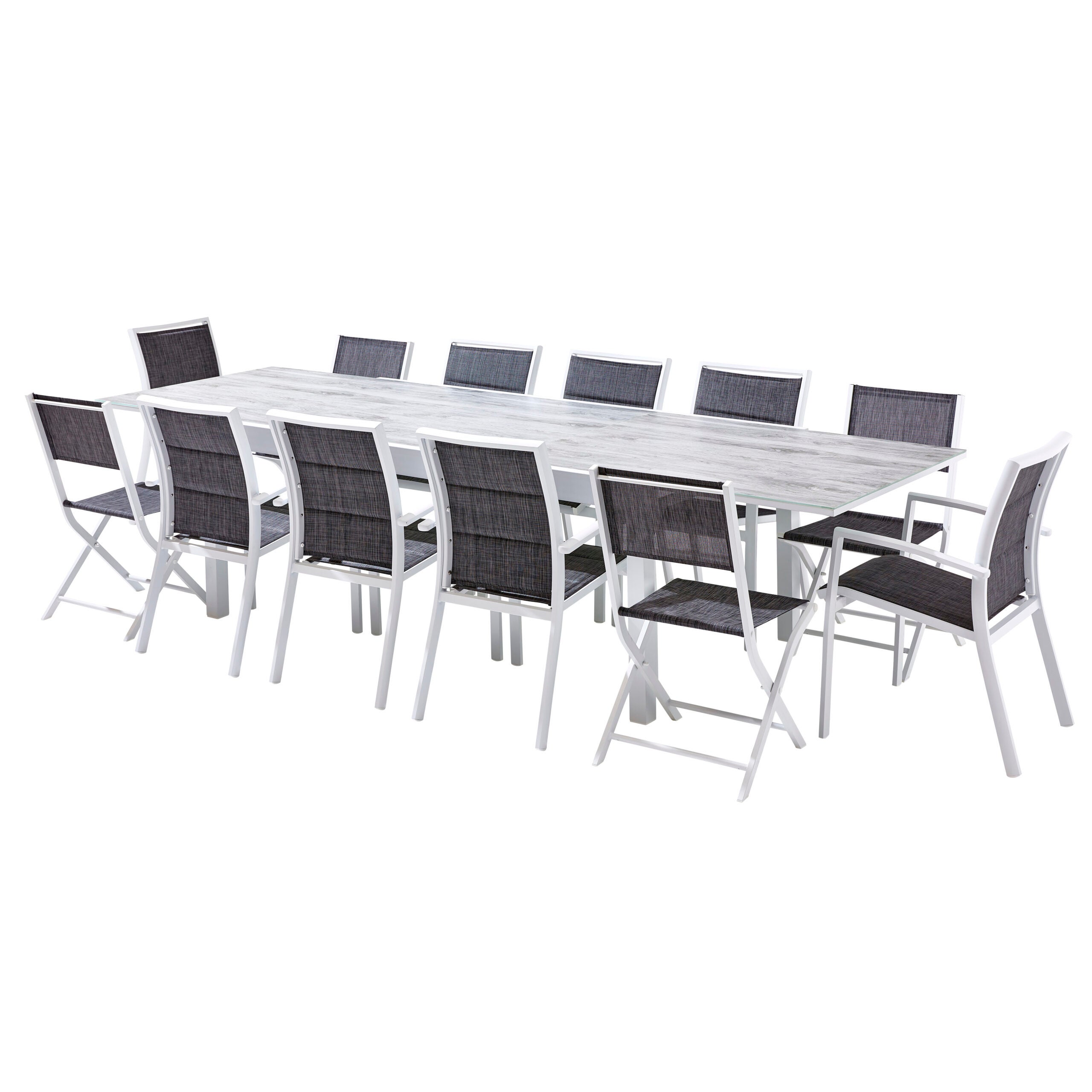 Ensemble MODULO 8/12p en aluminium blanc et verre décors bois avec 12 fauteuils en textilène - 2