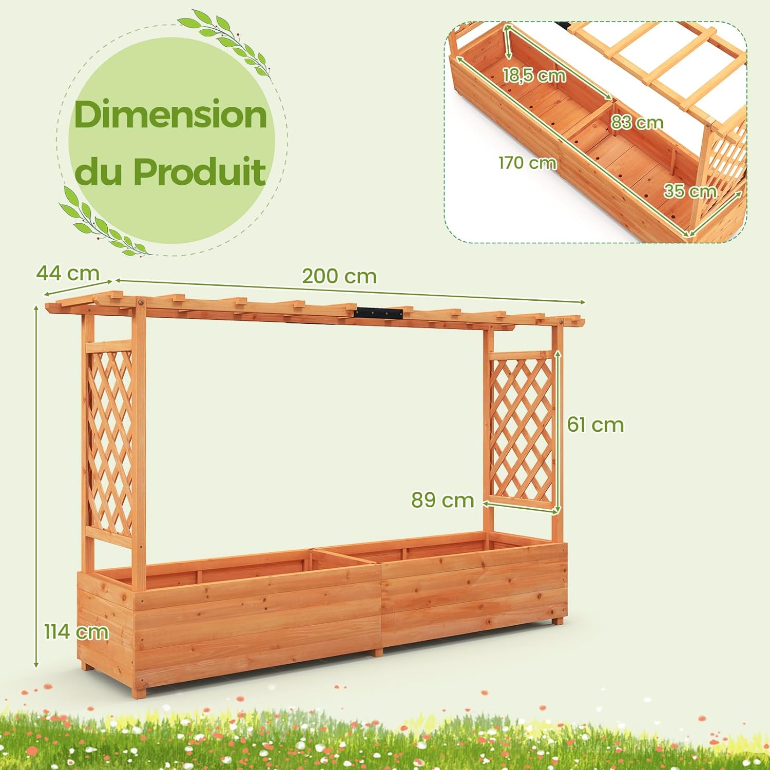 Jardinière Surélevée avec Treillis, Lit de Jardin en Bois avec Toit Suspendu, Trous de Drainage, 200x44x114cm - 7