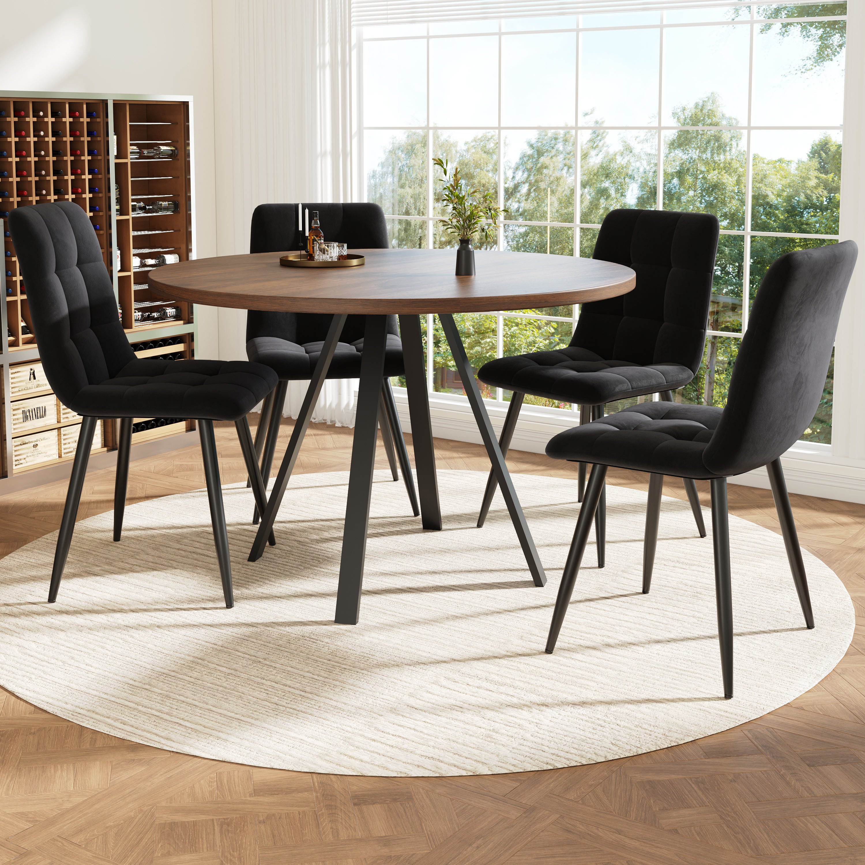 Okrągły stół jadalny dla 4-6 osób - 80 x 80 x 75 cm - MDF i nogi metalowe - Kolor orzechowy - 2