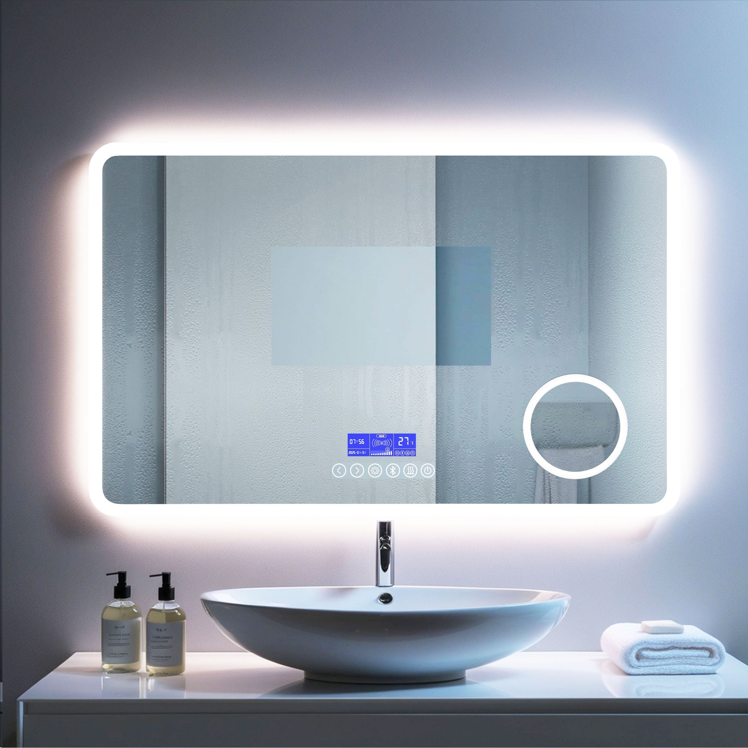 Miroir De Salle De Bain LED LONELYO 60x100 Cm - Bluetooth, Anti-buée, écran Tactile, Affichage Température/heure, 3 éclairages Réglables