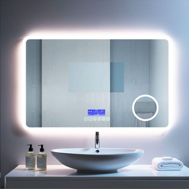 Miroir De Salle De Bain LED LONELYO 60x100 Cm - Bluetooth, Anti-buée, écran Tactile, Affichage Température/heure, 3 éclairages Réglables