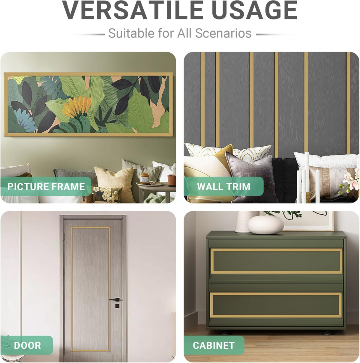 Tiras decorativas autocolantes em PVC, adequadas para paredes, espelhos, pavimentos, armários, 15mm×5m, dourado fosco - 6