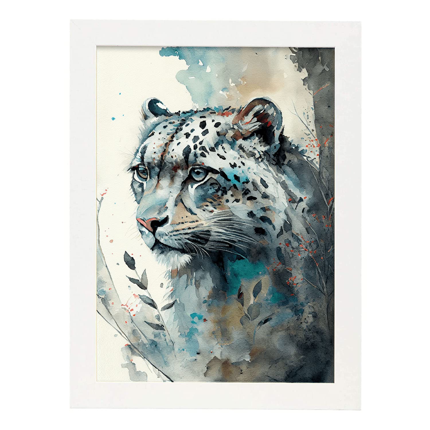 Nacnic poster de leopardo blanco en estilo acuarela ilustraciones a todo color de animales salvajes en la naturaleza y a3 con marco blancos