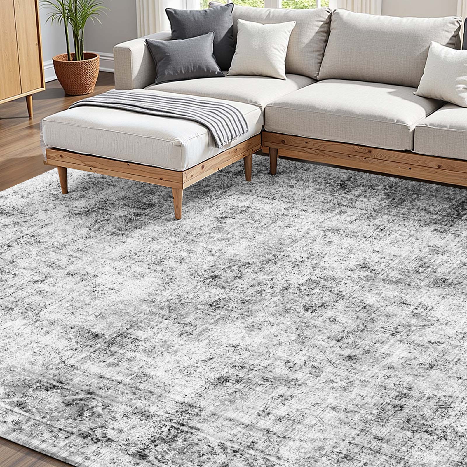Tapete VEVOR, 1,8 x 2,7 m, resistente a riscos animais de estimação, macio e confortável, estilo boémio, para quarto, escritório, corredor, cinzento - 8